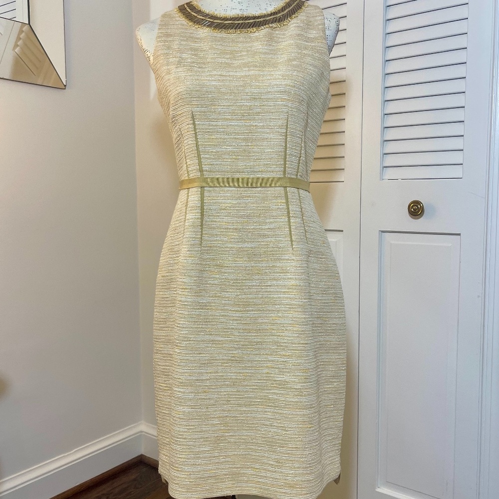 ELIE TAHARI Yellow Cotton Blend Sheath Dress w/Beaded Neckline &Gold Lining US 4